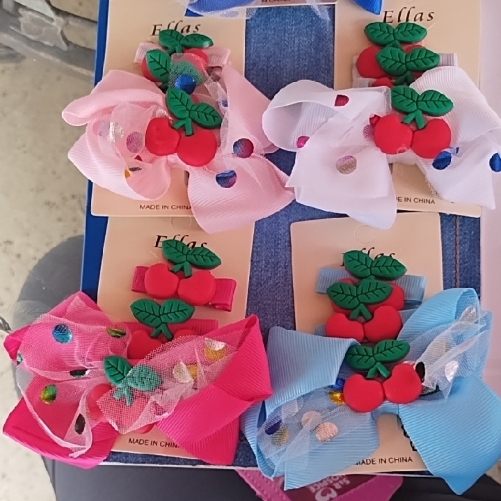 12 Cherry Hair Clips Set - Light Pink, Blue, White, Red & Fushia Pink.